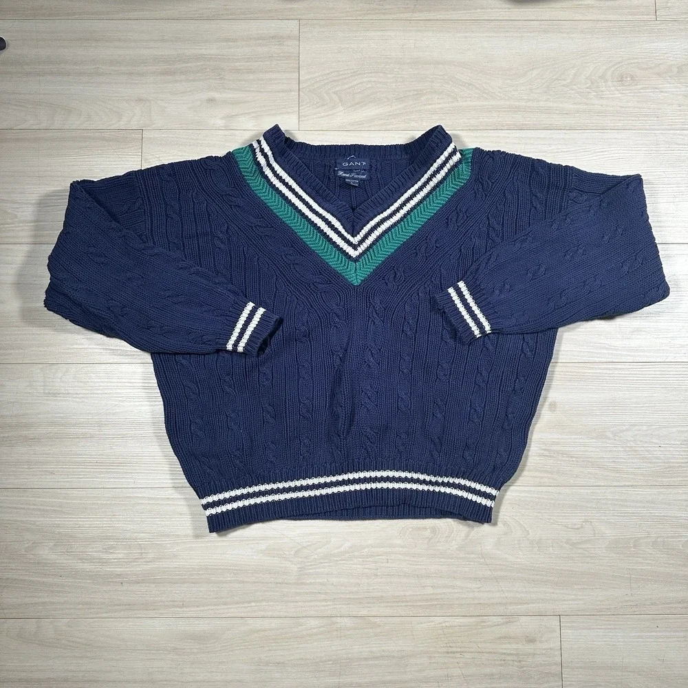 Vintage Gant Sweater Mens Blue Hand Framed 100% Cotton Cable Knit Size Large